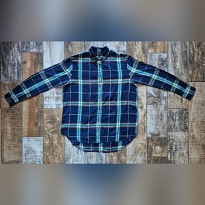 Madewell Plaid Button Down Shirt XS Blue Green Flannel Soft Classic EUC